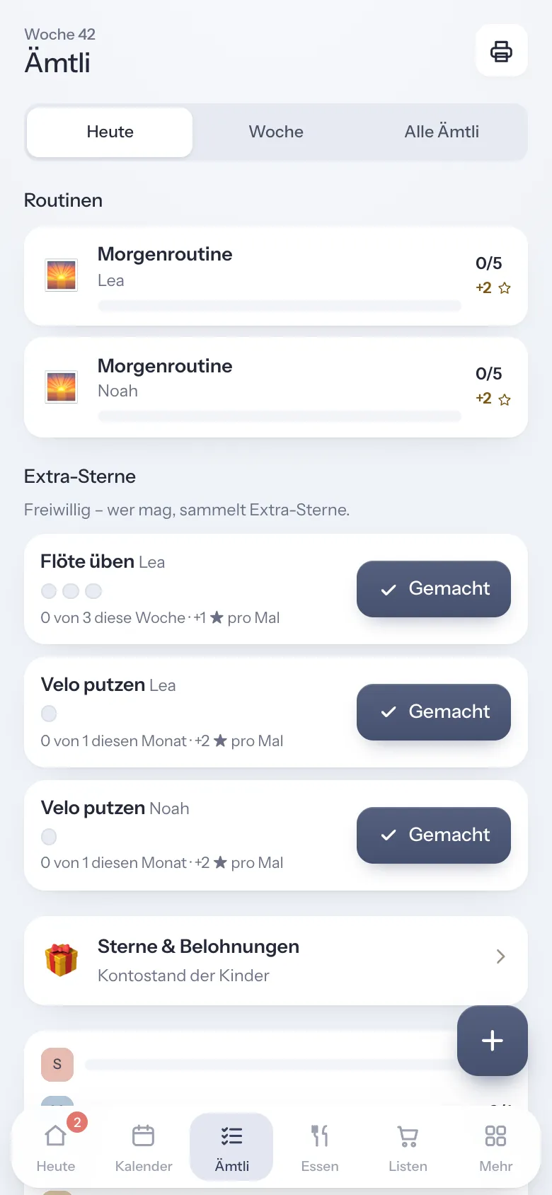 Ämtli des Tages pro Person mit Sternen in FamilyBuddy