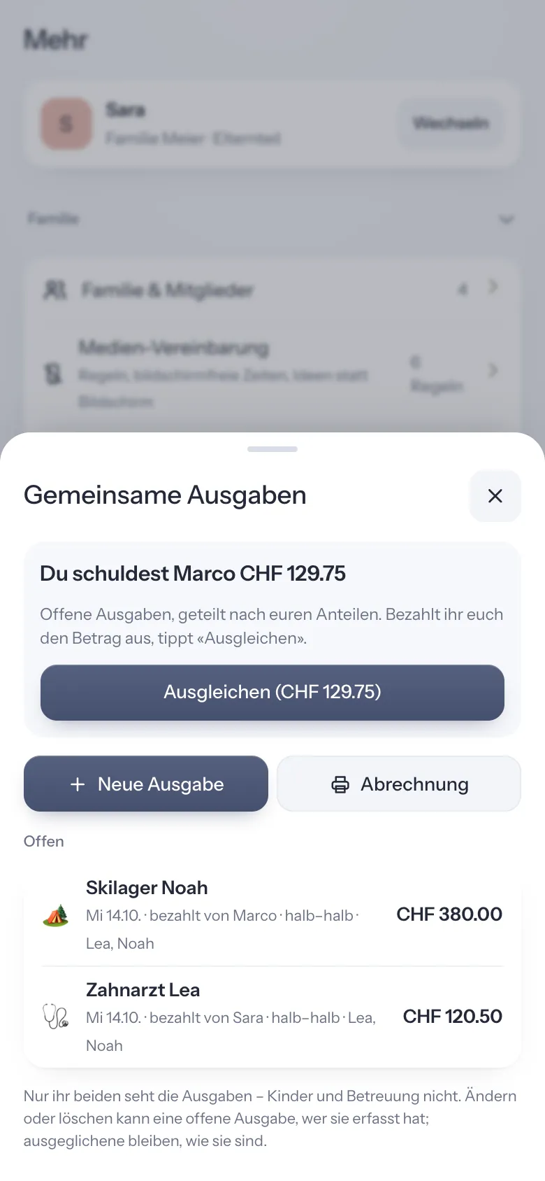 Gemeinsame Ausgaben mit Saldo zwischen zwei Elternteilen