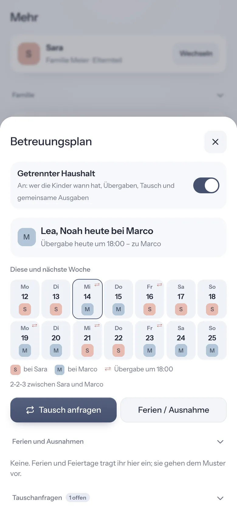 Betreuungsplan mit Übergaben und Tauschanfrage in FamilyBuddy
