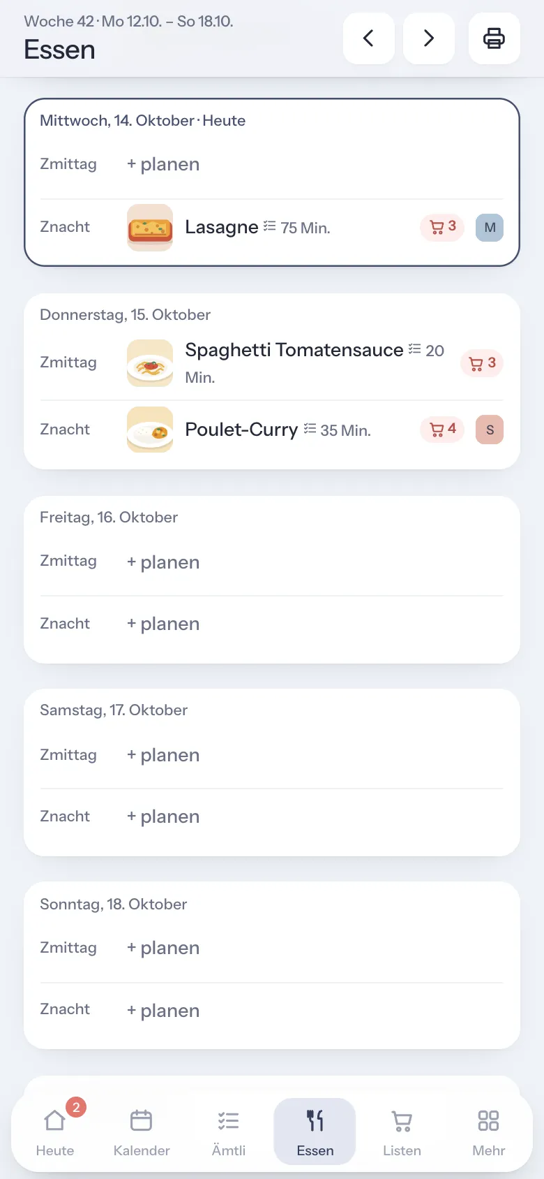 Essensplan der Woche mit Bildern in FamilyBuddy