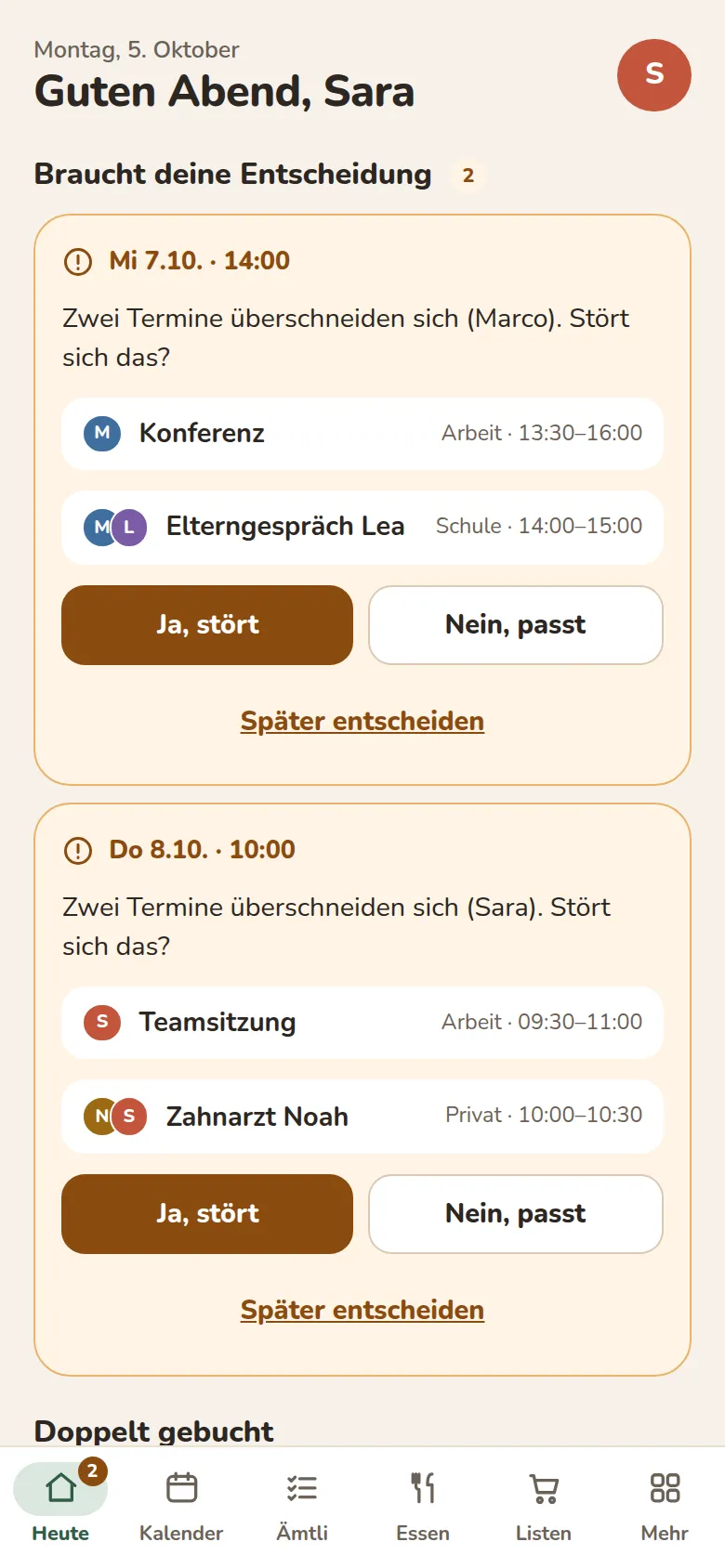 FamilyBuddy «Heute» mit Terminen und Entscheidungen der Familie