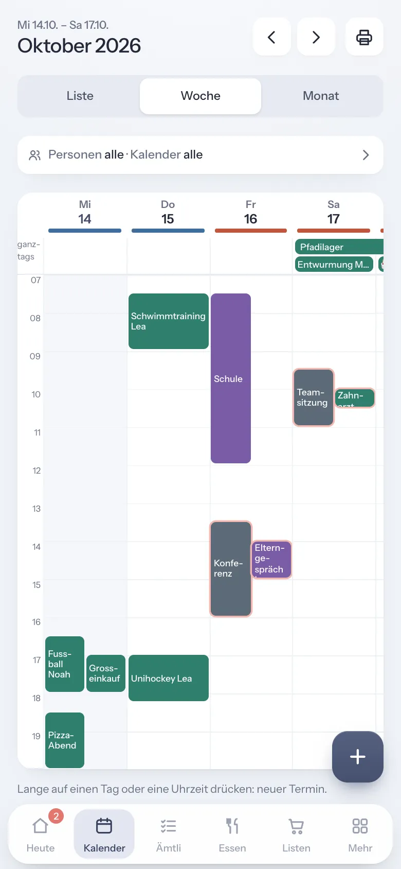 Familienkalender in FamilyBuddy mit Terminen aller Personen
