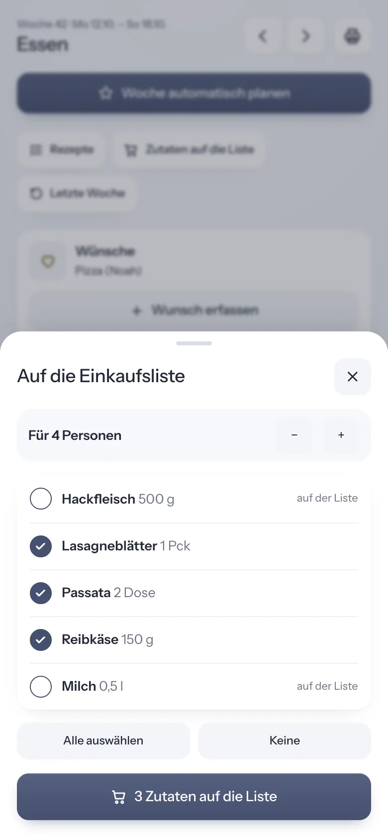 Zutaten aus dem Rezept auf die Einkaufsliste übernehmen